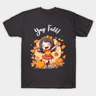 Fall for Our Adorable Chibi Art - Cute and Cozy Autumn Vibes, Yay FALL (White Letters) T-Shirt